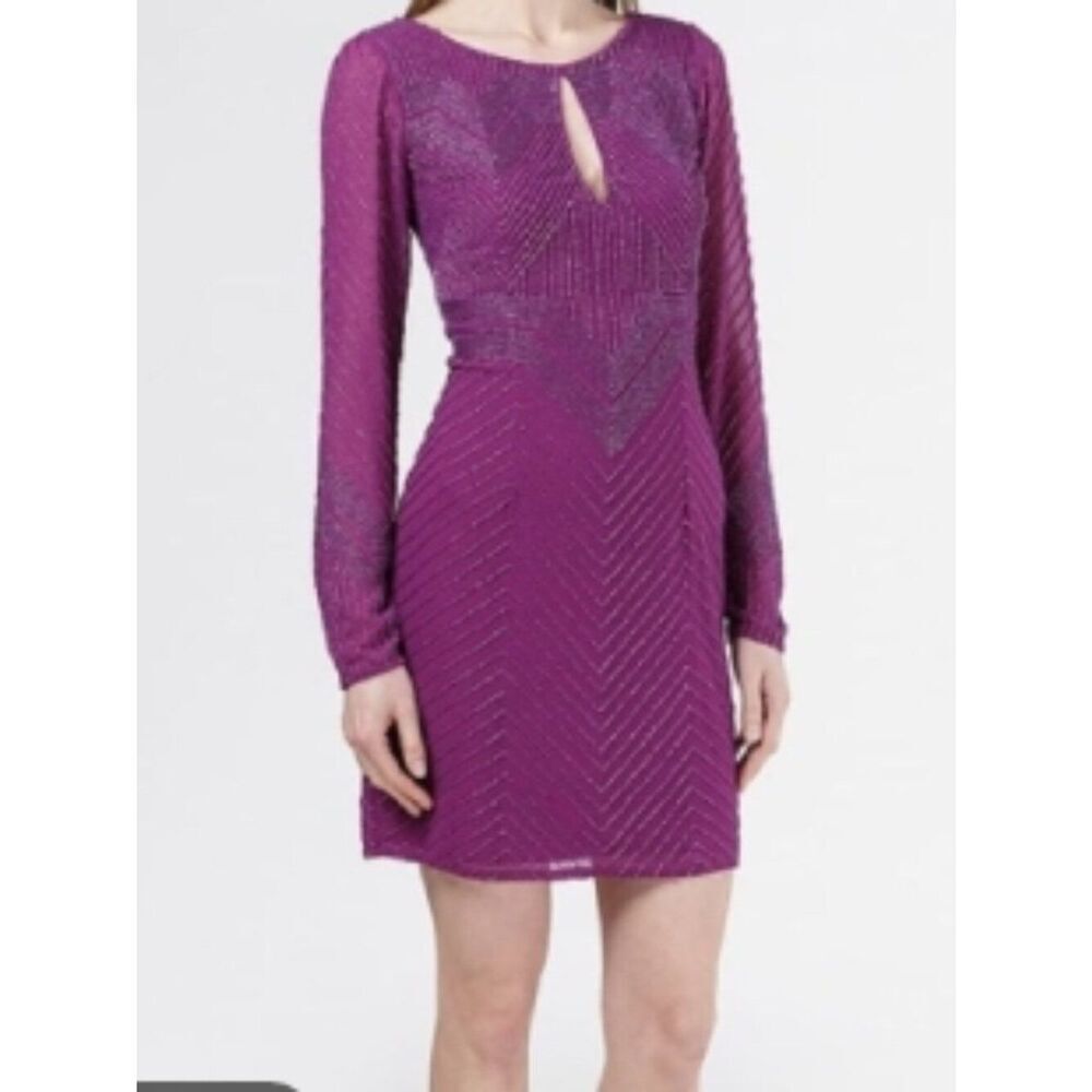 NWT Aidan Mattox Beaded Long Sleeve Magenta Dress Keyhole in Size 4
